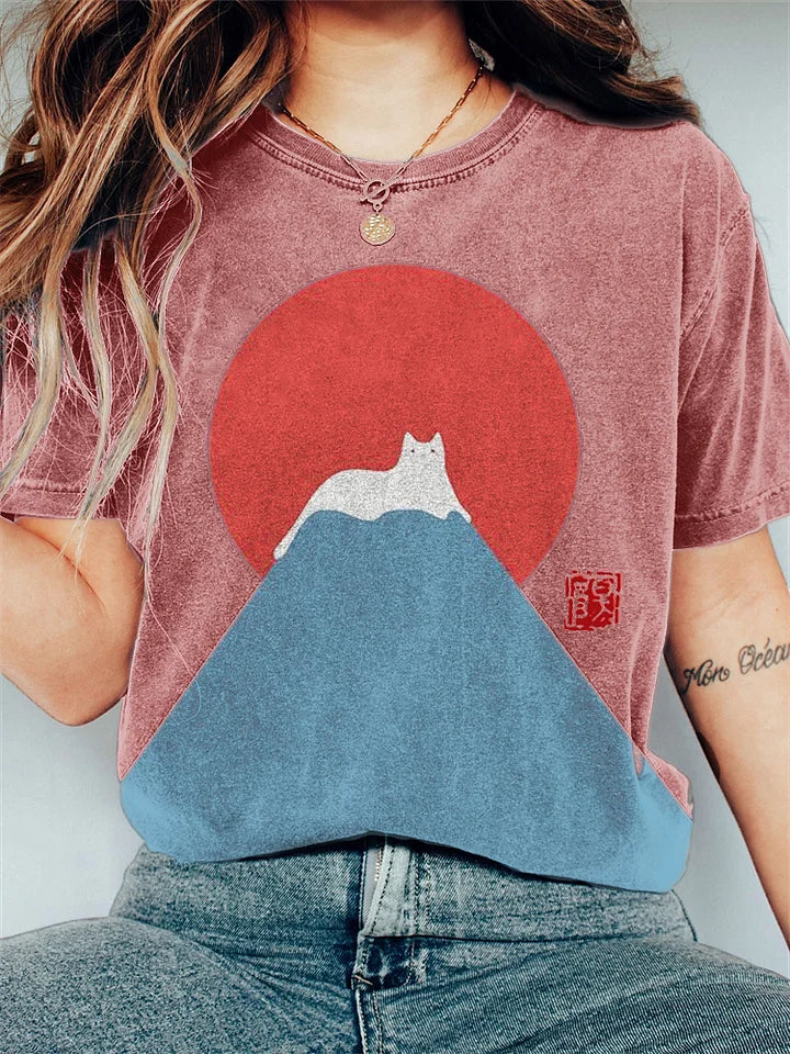 Damen T-Shirt mit japanischem Bergmotiv - Baumwolle - Casual Fit