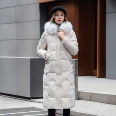 Eleganter Stylischer Langer Warmer Daunenmantel mit Fellbesatz für Damen | Ideal für den Winter