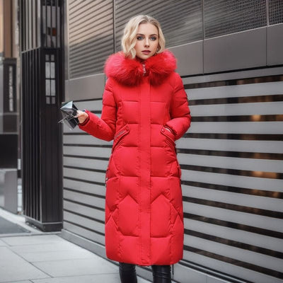 Eleganter Stylischer Langer Warmer Daunenmantel mit Fellbesatz für Damen | Ideal für den Winter
