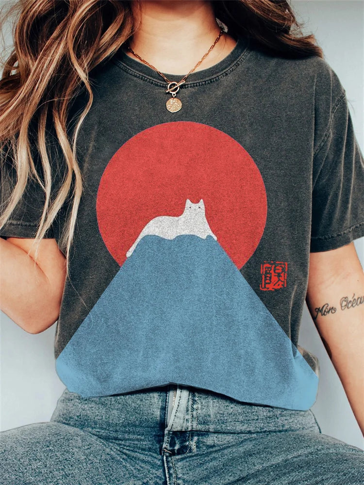 Damen T-Shirt mit japanischem Bergmotiv - Baumwolle - Casual Fit
