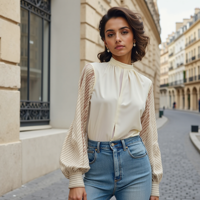 Edle Bluse | Transparente Ärmel & Stehkragen | Feminine Eleganz