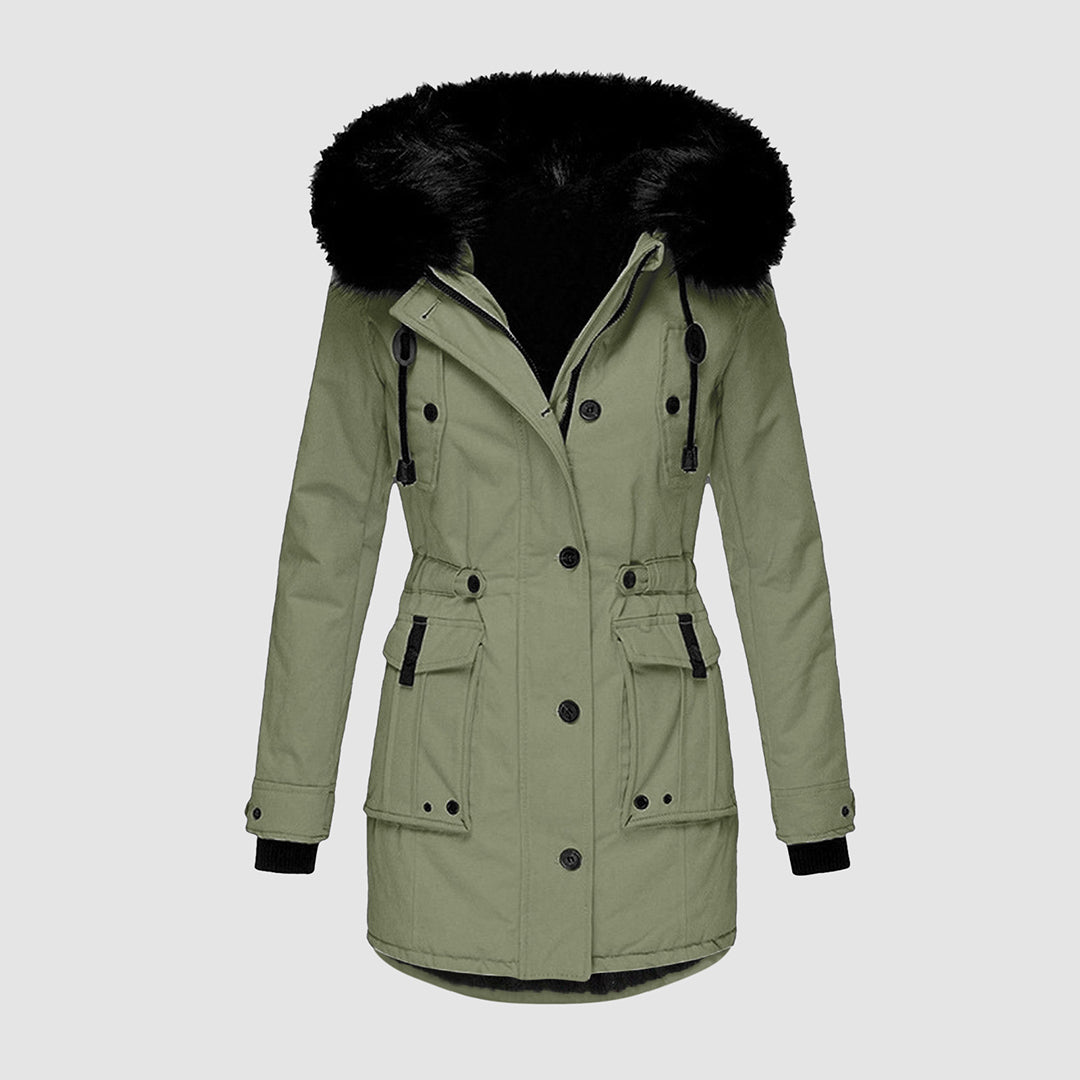 Damen Stilvolle Parka mit Schwarzem Kunstfellbesatz