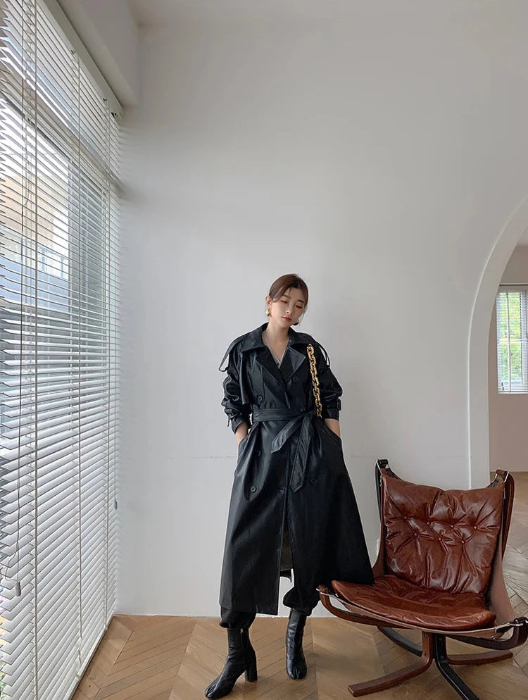 Stilvoller Langer Mantel Leder Material Mit Gürtel Für Damen | Perfekt für den Alltag