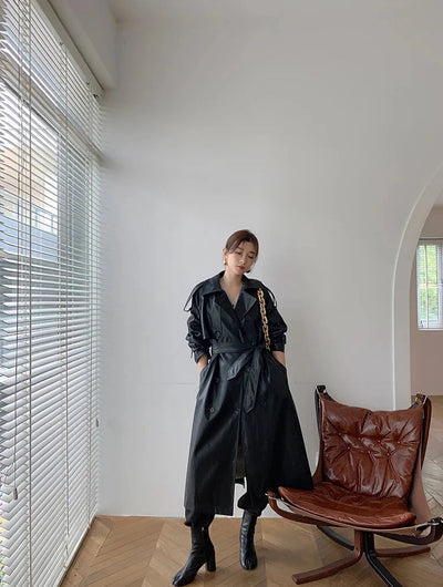 Stilvoller Langer Mantel Leder Material Mit Gürtel Für Damen | Perfekt für den Alltag