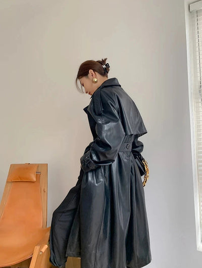 Stilvoller Langer Mantel Leder Material Mit Gürtel Für Damen | Perfekt für den Alltag