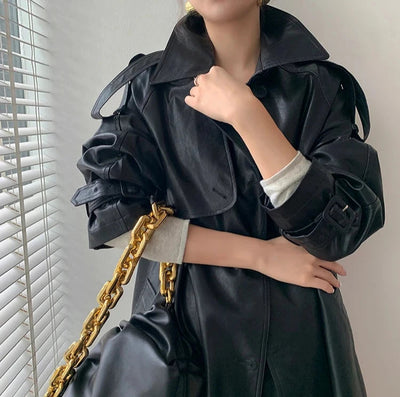 Stilvoller Langer Mantel Leder Material Mit Gürtel Für Damen | Perfekt für den Alltag