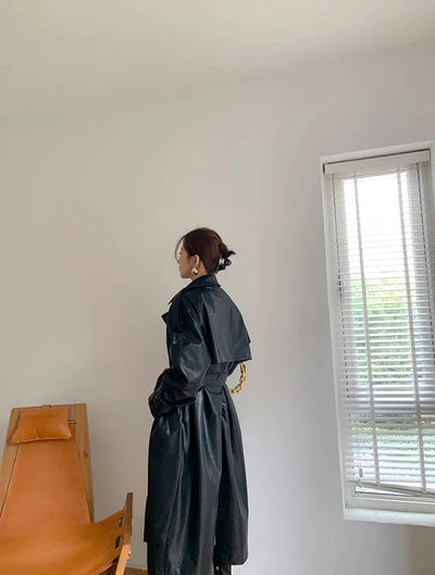 Stilvoller Langer Mantel Leder Material Mit Gürtel Für Damen | Perfekt für den Alltag