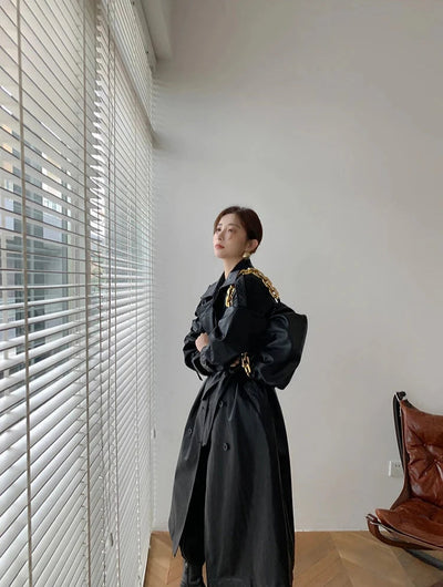 Stilvoller Langer Mantel Leder Material Mit Gürtel Für Damen | Perfekt für den Alltag