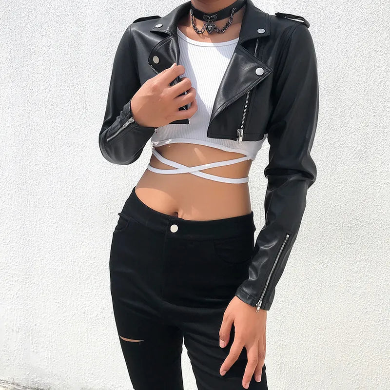 Elegante Crop-Top Lederjacke Mit Fake-Reißverschluss Für Damen | Perfekt für den Alltag