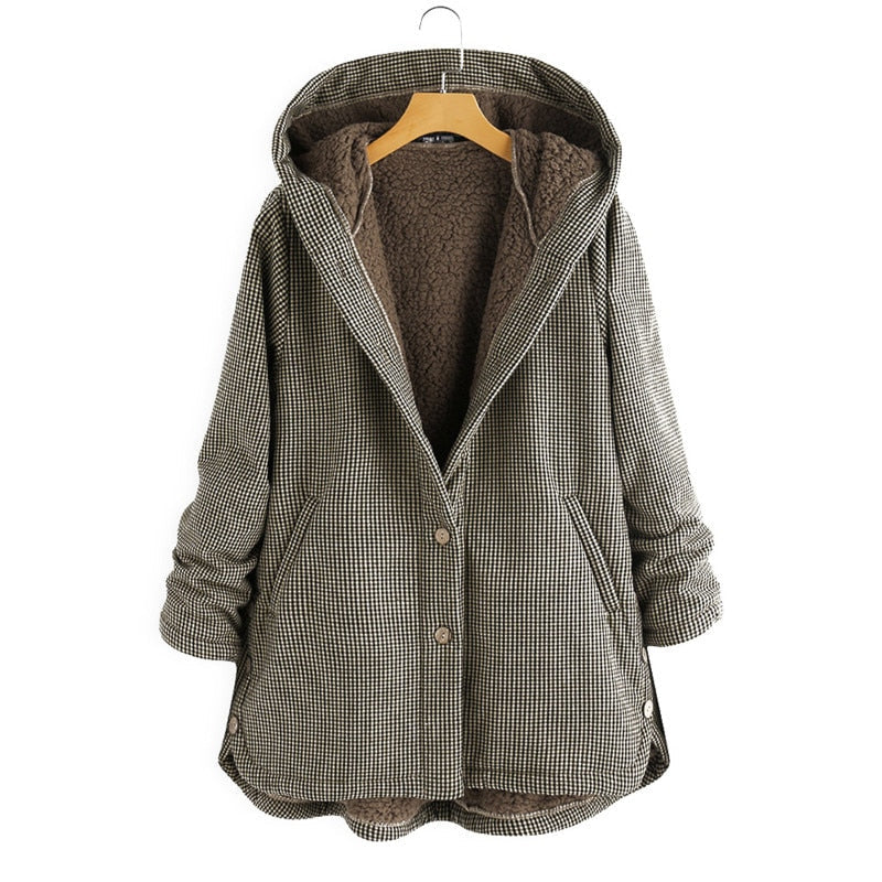 Damen Kapuzenjacke im Karo-Look – Warme Winterjacke mit Plüschfutter und Knopfleiste