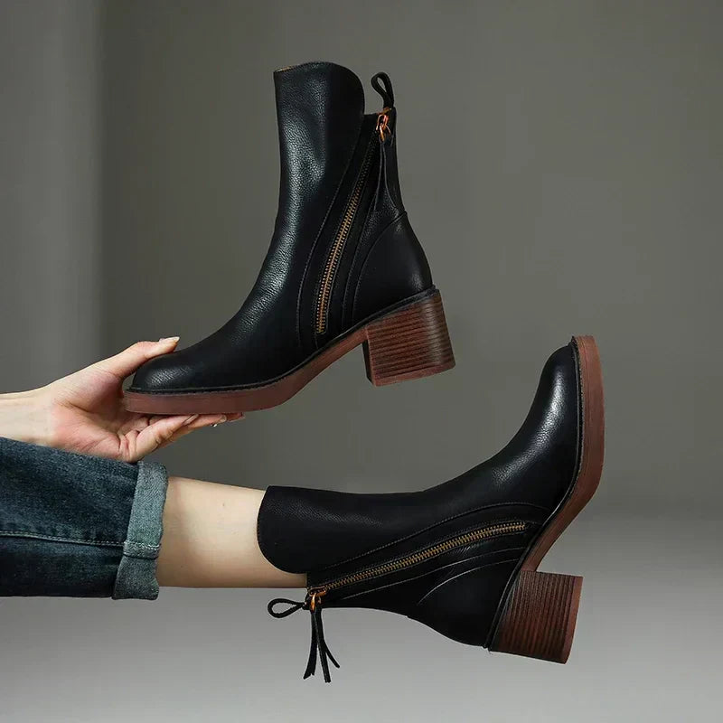 Elegante Damen Stiefeletten aus Echtleder mit Blockabsatz