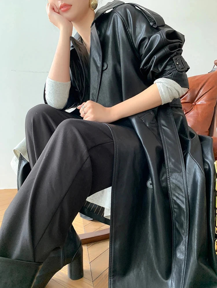 Stilvoller Langer Mantel Leder Material Mit Gürtel Für Damen | Perfekt für den Alltag