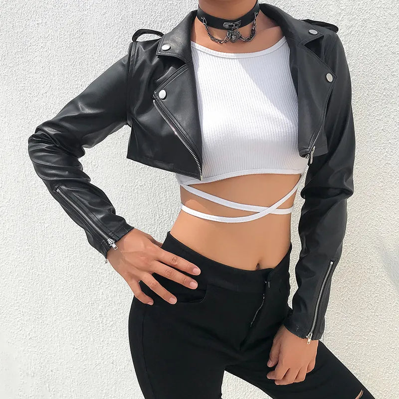 Elegante Crop-Top Lederjacke Mit Fake-Reißverschluss Für Damen | Perfekt für den Alltag