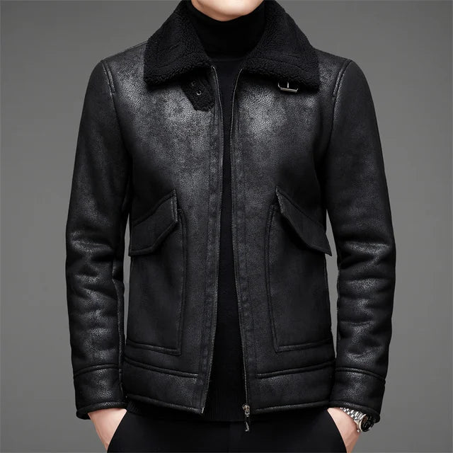 Lässige Vegane Lederjacke Mit Pelzkragen Und Fronttasche Für Herren | Ideal für Alltag