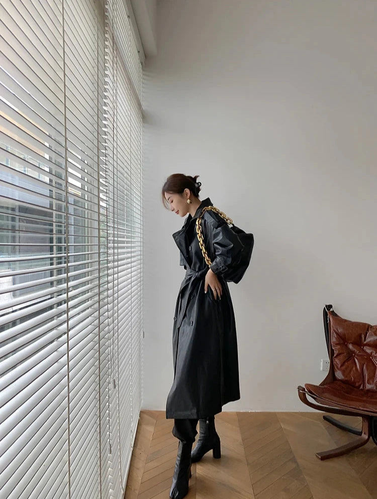 Stilvoller Langer Mantel Leder Material Mit Gürtel Für Damen | Perfekt für den Alltag