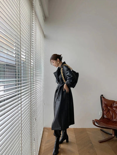 Stilvoller Langer Mantel Leder Material Mit Gürtel Für Damen | Perfekt für den Alltag