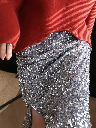 Damen Eleganter Midi-Rock mit Glitzerpailletten