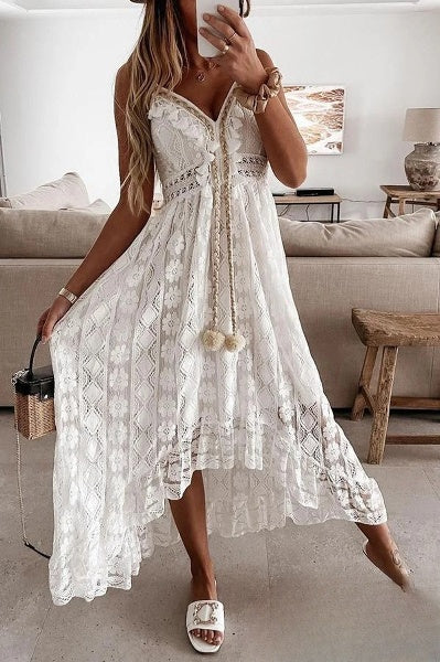 Damen Häkelfransen Spitzenkleid in Weiß - Eleganter Sommerlook