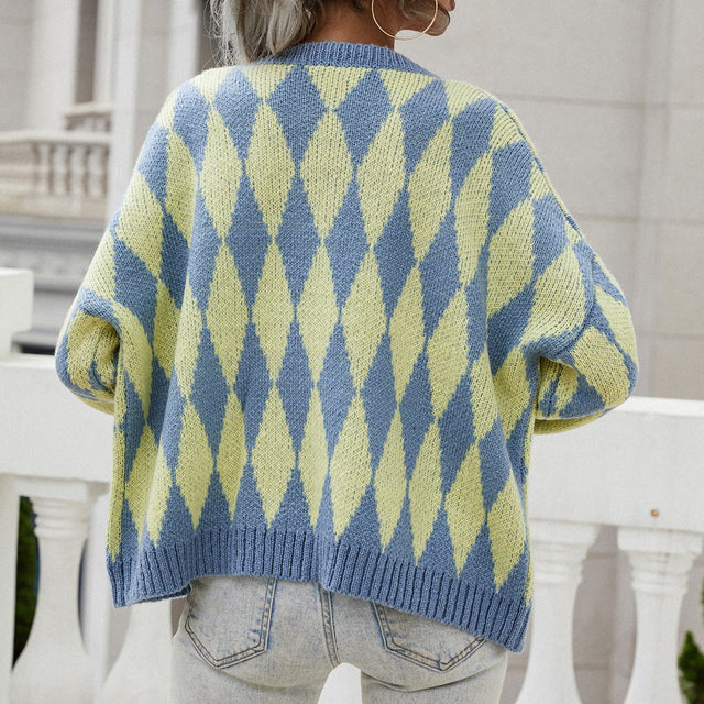 Strickcardigan mit Rautenmuster | Rundhalsausschnitt | Retro-Chic