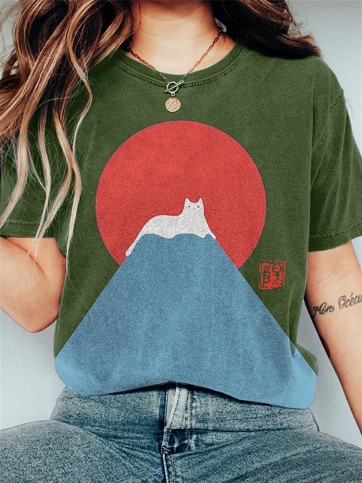 Damen T-Shirt mit japanischem Bergmotiv - Baumwolle - Casual Fit