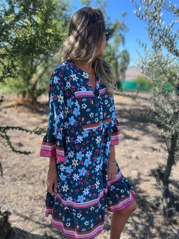 Boho-Kleid mit Muster-Mix | A-Linie | Eingrifftaschen