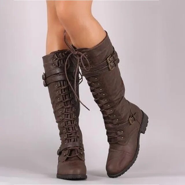 Damen Schnürstiefel Flach Vintage mit Schnallen im Steampunk-Stil