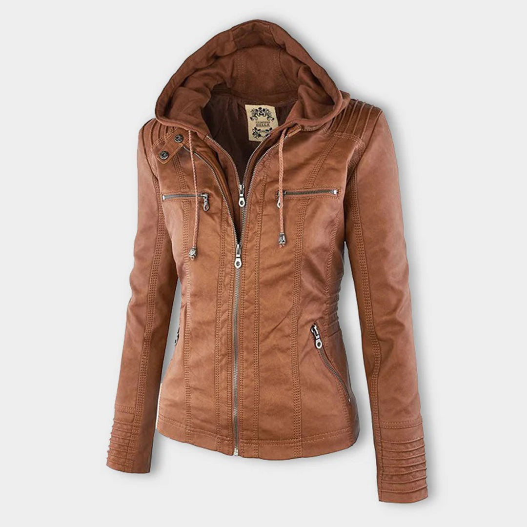 Damen Biker-Jacke aus Kunstleder – Stylische Jacke mit Kapuze und Reißverschlüssen, ideal für Herbst und Frühjahr