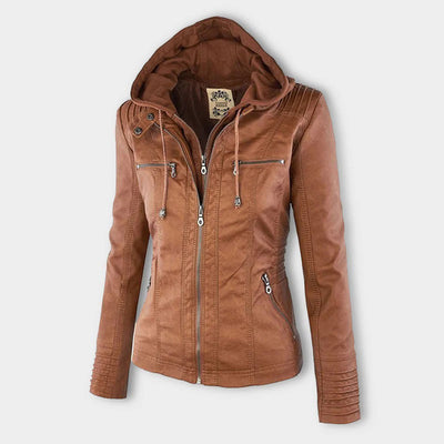 Damen Biker-Jacke aus Kunstleder – Stylische Jacke mit Kapuze und Reißverschlüssen, ideal für Herbst und Frühjahr