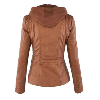 Damen Biker-Jacke aus Kunstleder – Stylische Jacke mit Kapuze und Reißverschlüssen, ideal für Herbst und Frühjahr