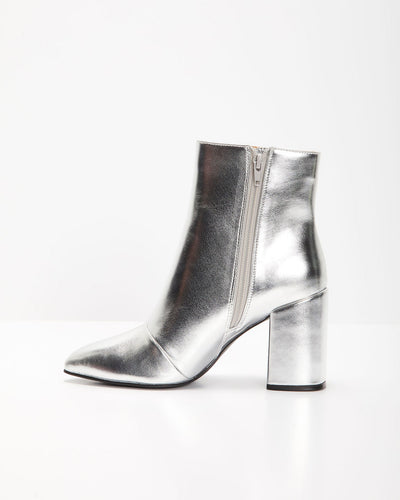 Anary - Schimmernde, silberne Stiefeletten mit Blockabsatz | Schicke Stiefeletten mit spitzer Spitze in Metallic-Optik