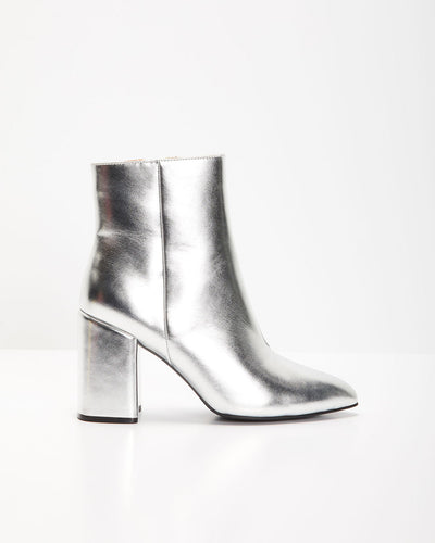 Anary - Schimmernde, silberne Stiefeletten mit Blockabsatz | Schicke Stiefeletten mit spitzer Spitze in Metallic-Optik