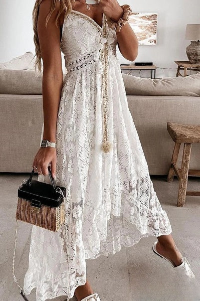 Damen Häkelfransen Spitzenkleid in Weiß - Eleganter Sommerlook