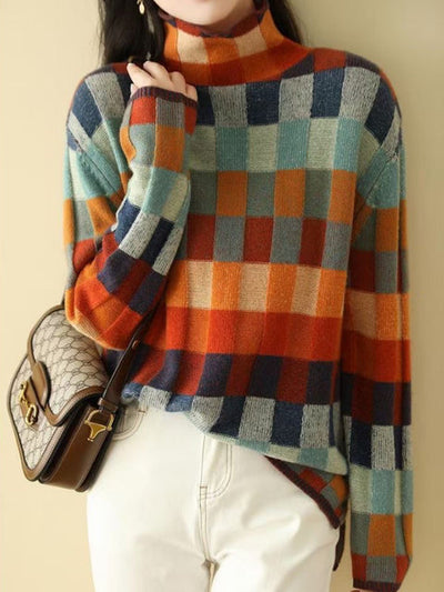 Bunte Damen Rollkragenpullover mit Karomuster – Weicher Strickpullover für Herbst und Winter