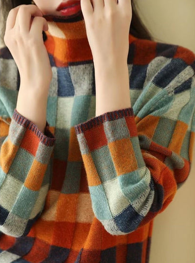 Bunte Damen Rollkragenpullover mit Karomuster – Weicher Strickpullover für Herbst und Winter