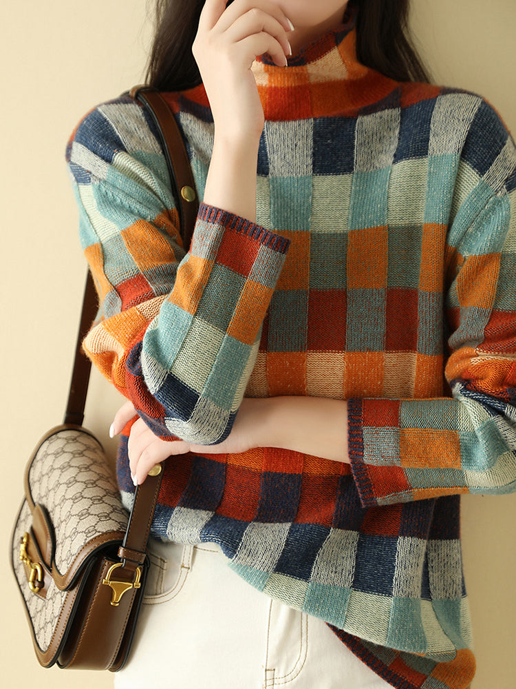 Bunte Damen Rollkragenpullover mit Karomuster – Weicher Strickpullover für Herbst und Winter