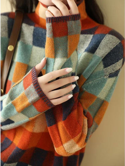 Bunte Damen Rollkragenpullover mit Karomuster – Weicher Strickpullover für Herbst und Winter
