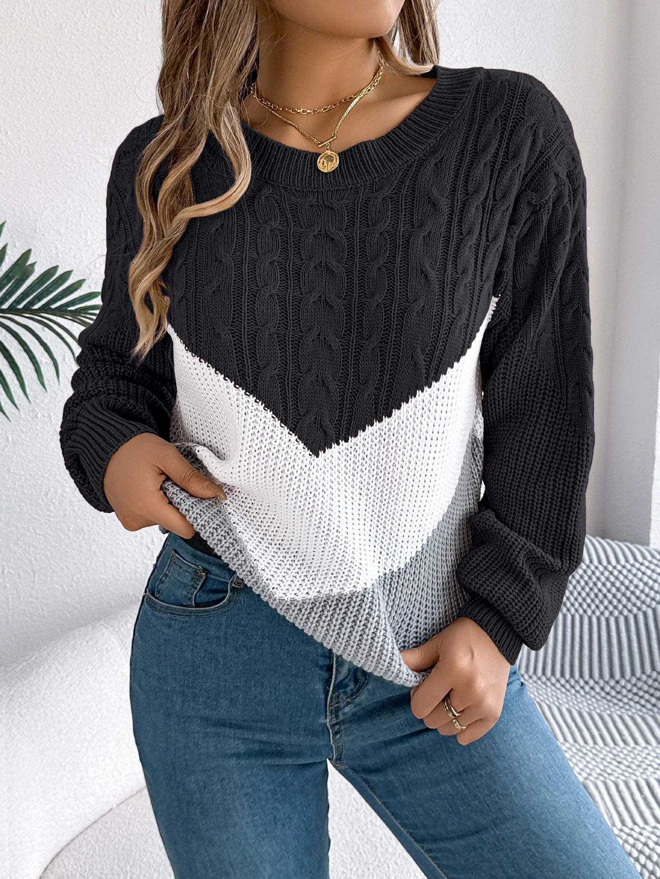 Damen Colorblock Pullover mit Rundhals | Casual Strick