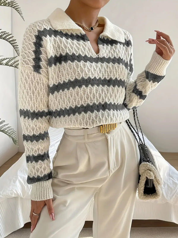 Strickpullover mit Kragen | Strukturmuster | Gestreifter Look
