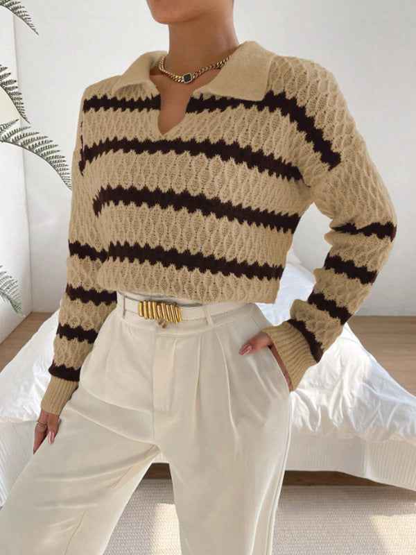 Strickpullover mit Kragen | Strukturmuster | Gestreifter Look