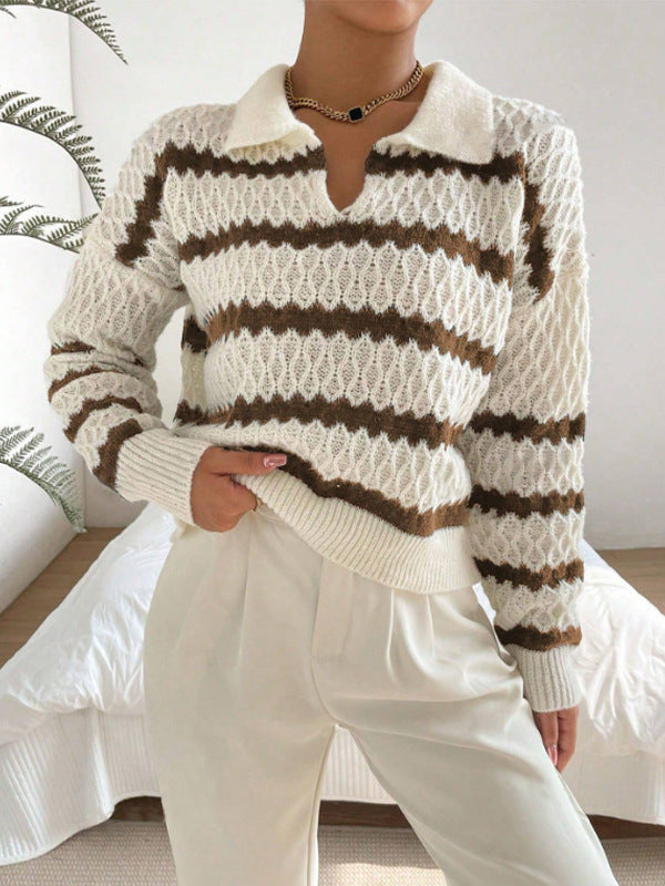 Strickpullover mit Kragen | Strukturmuster | Gestreifter Look