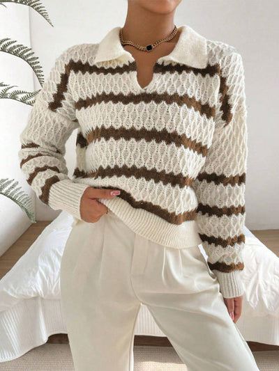 Strickpullover mit Kragen | Strukturmuster | Gestreifter Look