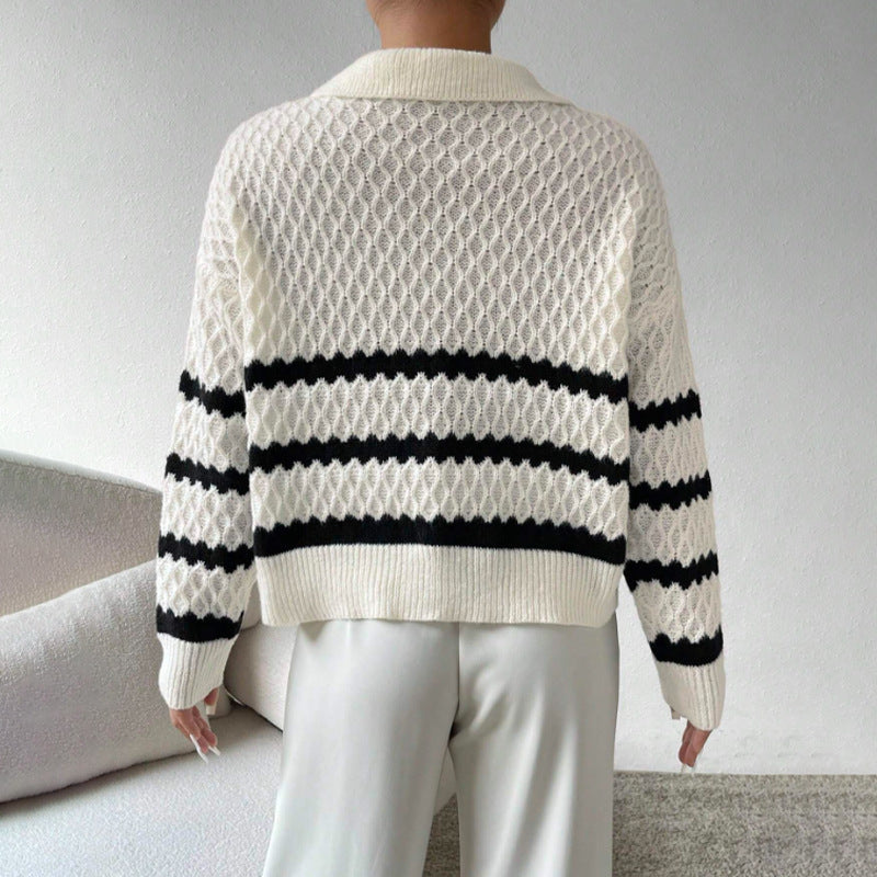 Strickpullover mit Kragen | Strukturmuster | Gestreifter Look