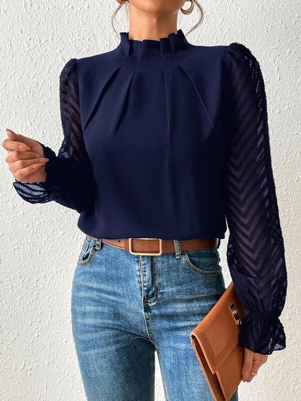 Bluse mit Stehkragen | Transparente Ärmel | Eleganter Stil