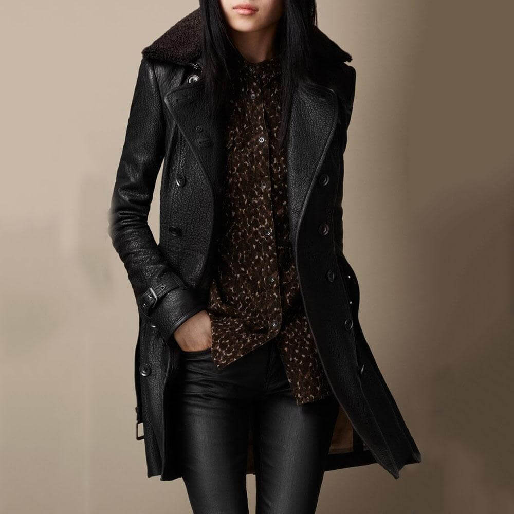 Luxeriöser doppelreihiger Ledermantel mit Shearling-Kragen für Frauen