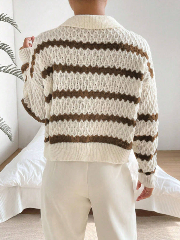 Strickpullover mit Kragen | Strukturmuster | Gestreifter Look