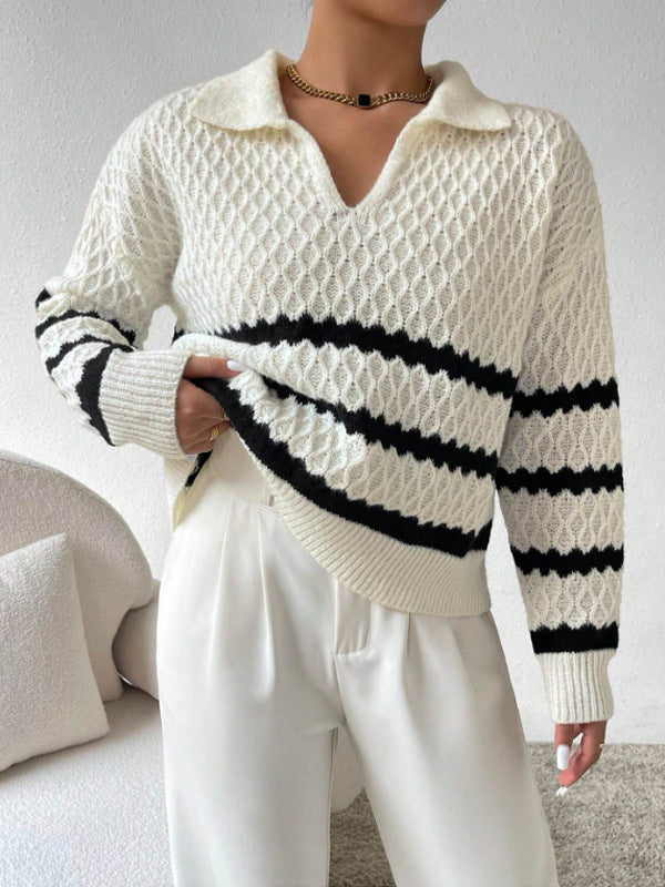 Strickpullover mit Kragen | Strukturmuster | Gestreifter Look