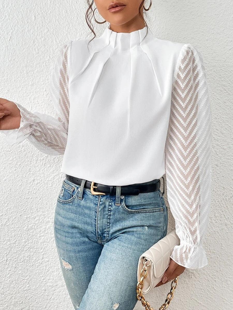 Bluse mit Stehkragen | Transparente Ärmel | Eleganter Stil