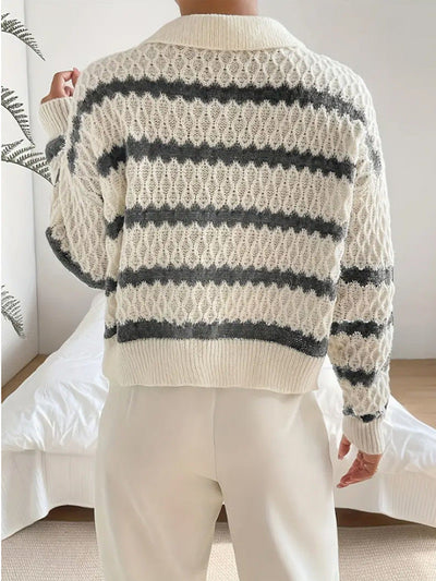 Strickpullover mit Kragen | Strukturmuster | Gestreifter Look