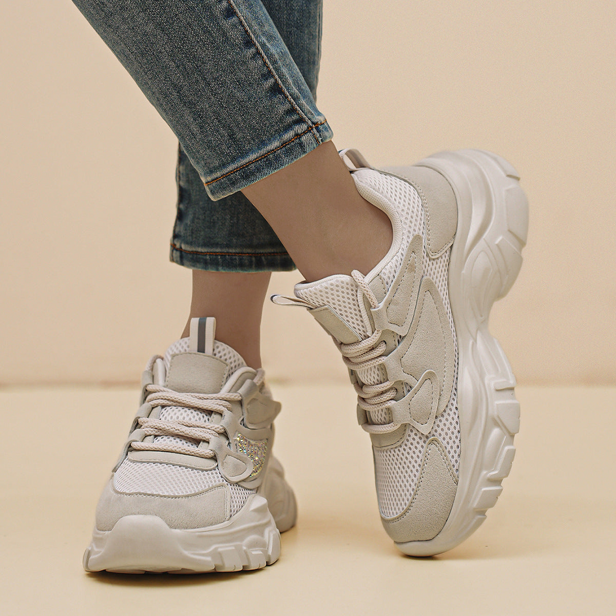 Damen Trendy Chunky Sneakers mit glitzernden Akzenten Fudus