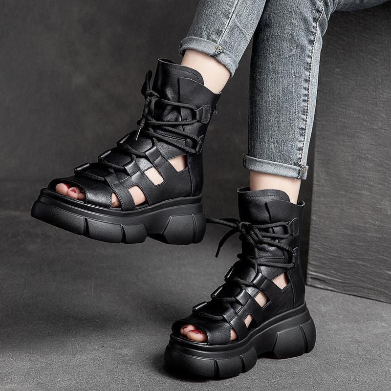 Damen trendy Chunky Sandalen mit offenen Zehen und sportlichem Schnürdesign Fudus